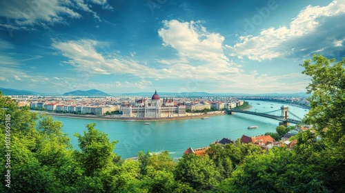 A panoramic view of the Hungarian Parliament Building and the Chain Bridge in Budapest, with a clear blue sky and fluffy clouds, the river Danube flows in front of the parliament.