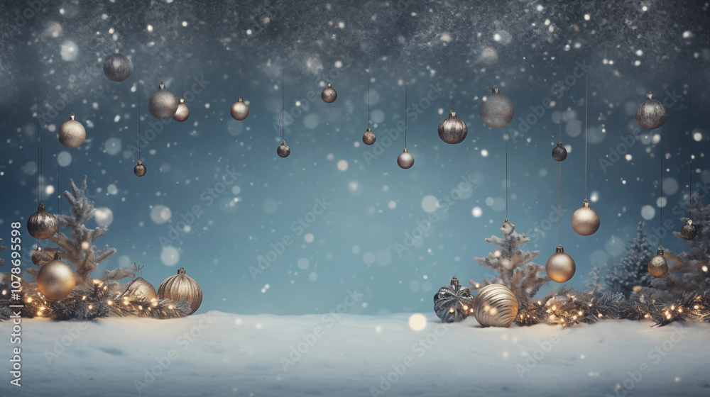Elegant Holiday Scene with Hanging Ornaments and Snowy Pines