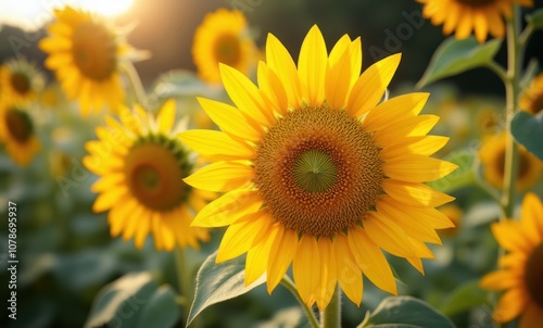 Vibrant sunflower in golden sunlight