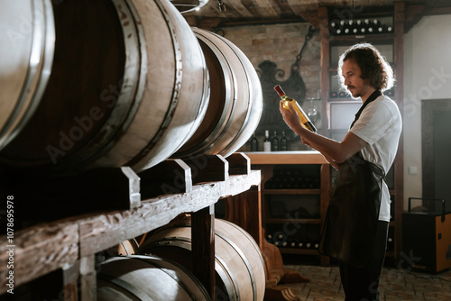Winemaker Inspecting Bottle of White Wine in Cellar