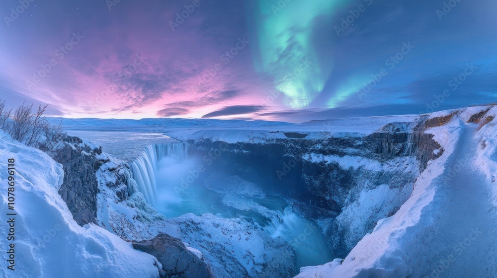 Fototapeta premium A breathtaking panoramic view of a massive waterfall cascading over a snow-covered cliff, with a vibrant green aurora borealis dancing in the sky.