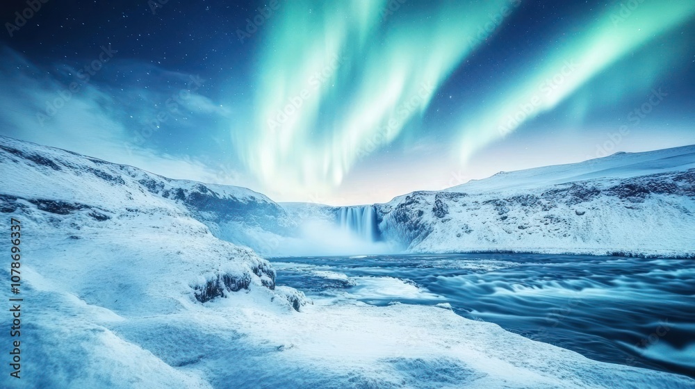 A stunning view of the Northern Lights dancing over a frozen waterfall in Iceland. A stunning view of the Northern Lights dancing over a frozen waterfall in Iceland.