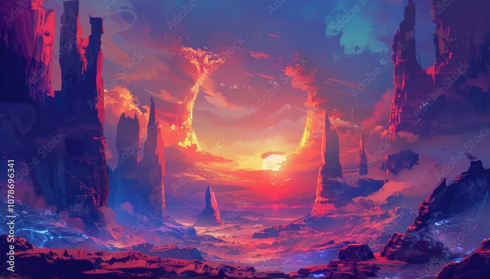 Fototapeta premium A fiery sunset over an alien landscape with tall rock formations