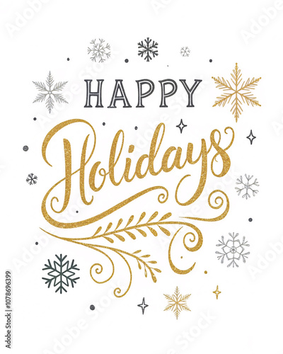 Happy Holidays in Vintage Gold Hand-lettering Greeting Card with Simple Snowflakes on White Background