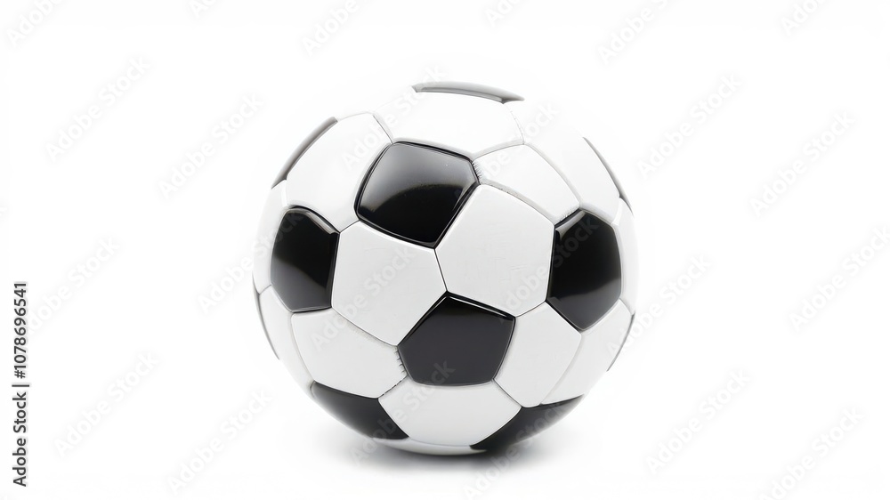Fototapeta premium Soccer ball with classic black and white pattern on a plain white background, sporty, object, white background