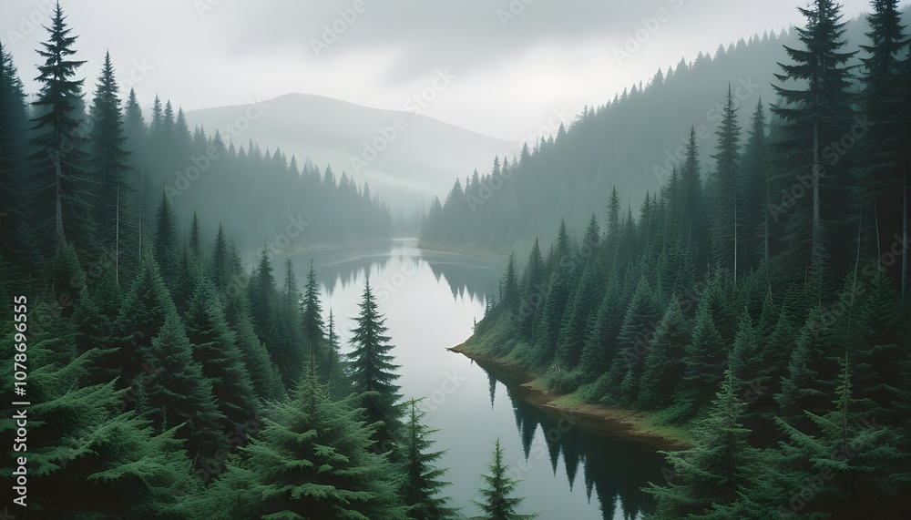 A dense, evergreen forest with a serene lake, surrounded by a moody, overcast atmosphere A dense, evergreen forest with a serene lake, surrounded by a moody, overcast atmosphere