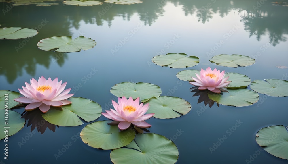 Serene pond with floating lotus flowers and in the water Serene pond with floating lotus flowers and in the water