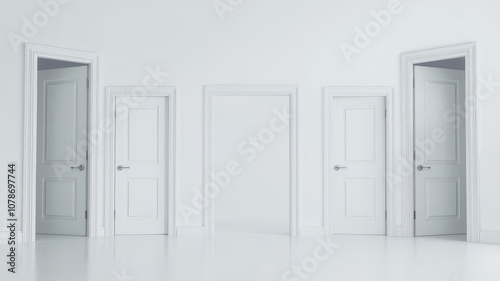 Modern and clean white open and closed doors with doorframe on a white background, simplicity, entrance, concept