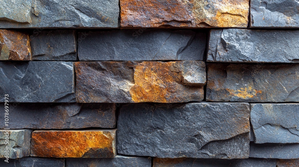 A textured wall made of dark and rust-colored slate stones arranged in a pattern. A textured wall made of dark and rust-colored slate stones arranged in a pattern.