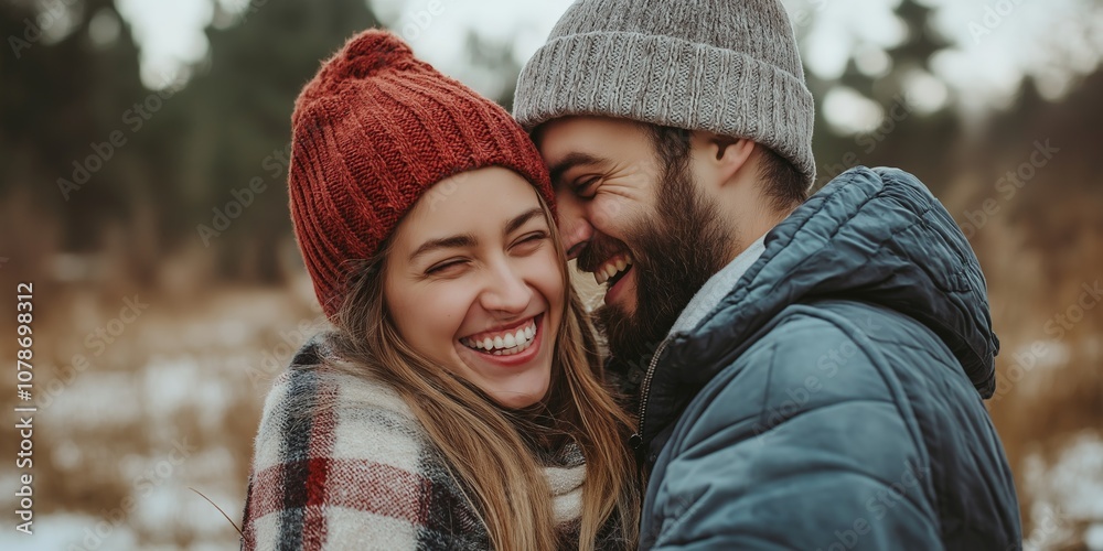 A smiling couple wearing winter clothes, hugging in snowy environment, expressing warmth and romance.