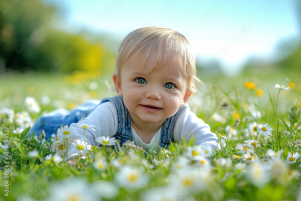 A baby with a curious gaze crawls in a field of daisies under a clear blue sky, evoking innocence and wonder. A baby with a curious gaze crawls in a field of daisies under a clear blue sky, evoking innocence and wonder.