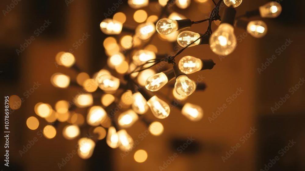 String of wired bulbs casting warm glow on white background, glowing bulbs, festive, holiday String of wired bulbs casting warm glow on white background, glowing bulbs, festive, holiday