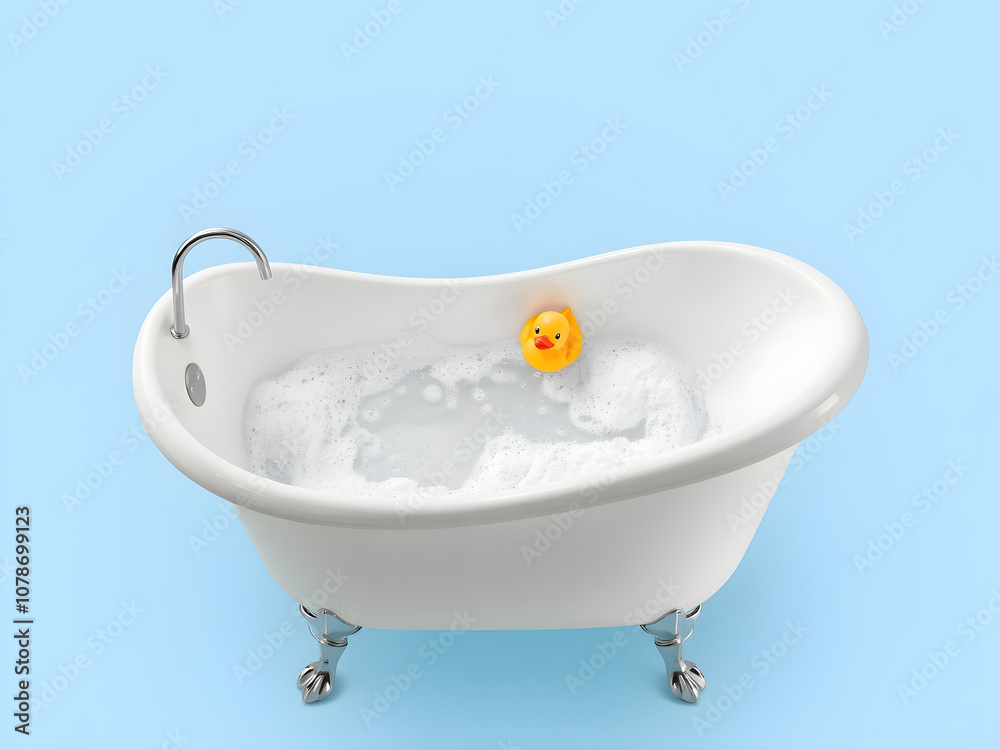 Bathtub with foam, soap bubbles and yellow rubber duck isolated on blue background. Bathing and relaxing Bathtub with foam, soap bubbles and yellow rubber duck isolated on blue background. Bathing and relaxing
