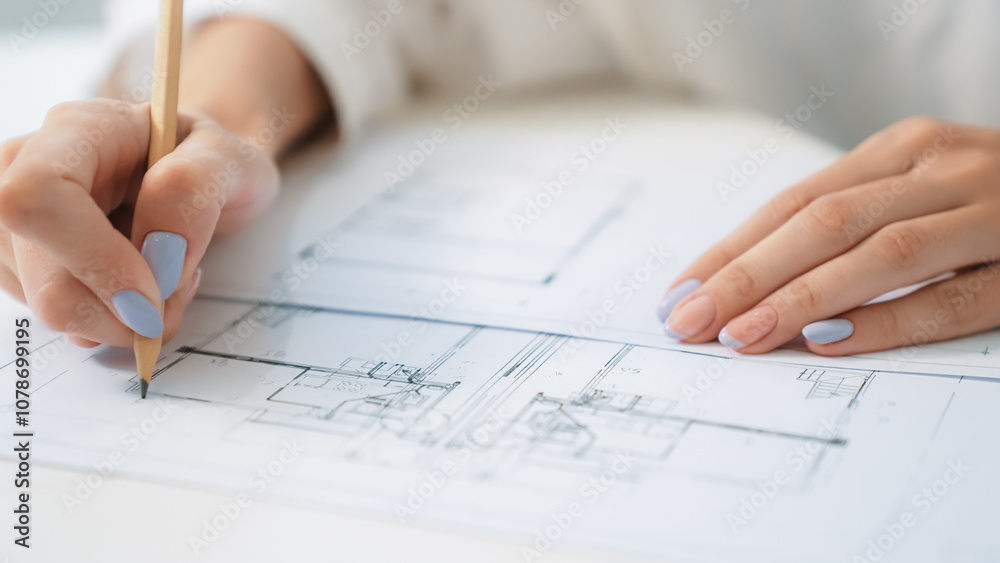 Closeup of professional caucasian female engineer hand drawing blueprint. Creative design and teamwork concept with blueprint and architectural equipments placed on table. Focus on hand. Immaculate. Closeup of professional caucasian female engineer hand drawing blueprint. Creative design and teamwork concept with blueprint and architectural equipments placed on table. Focus on hand. Immaculate.