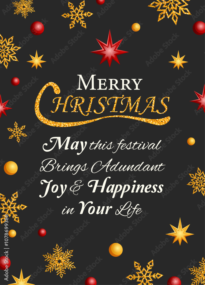 Christmas Greeting Card with Quote. Black Card with Gold Glitter Accents & Colorful Decoration Christmas Greeting Card with Quote. Black Card with Gold Glitter Accents & Colorful Decoration