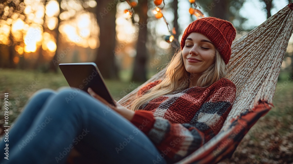 Person working from a hammock with a tablet enjoying a scenic natural view highlighting the flexibility of working outdoors Teleworking concept with side empty space for text Stockphoto style Person working from a hammock with a tablet enjoying a scenic natural view highlighting the flexibility of working outdoors Teleworking concept with side empty space for text Stockphoto style
