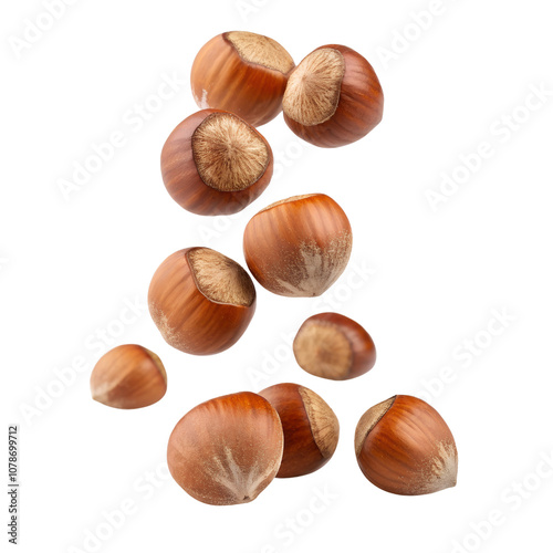 Scattered Hazelnuts isolated on transparent background cutout, PNG file, Cutout file