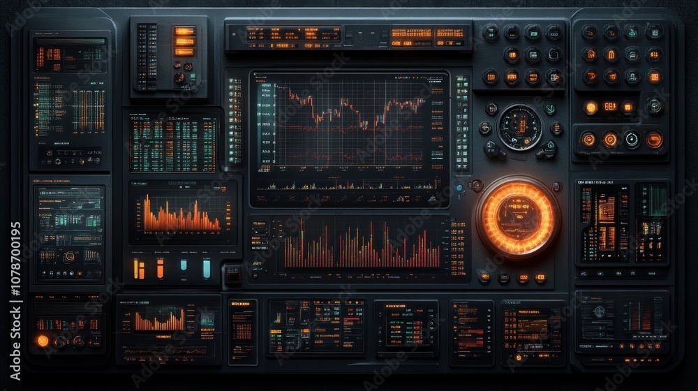 Futuristic control panel with glowing orange and blue interface elements. Futuristic control panel with glowing orange and blue interface elements.