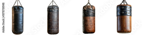 Speed punching bag mid swing leather surface and chain details isolated on white and transparent background photo