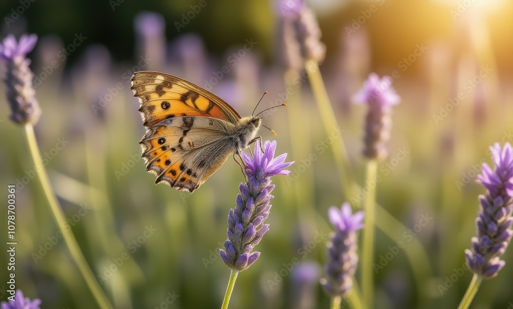 Colorful butterfly perched on lavender flower Colorful butterfly perched on lavender flower