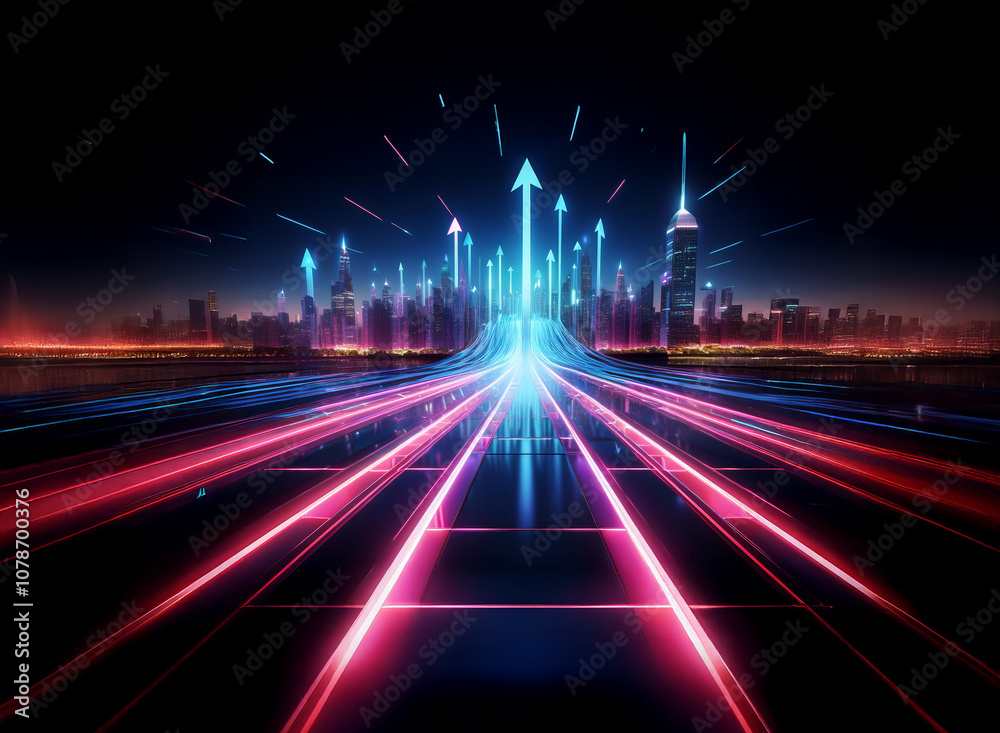 A glowing city skyline with multiple illuminated arrows pointing upward, symbolizing growth, progress, and innovation. The arrows emerge from a futuristic highway, representing the path to success.