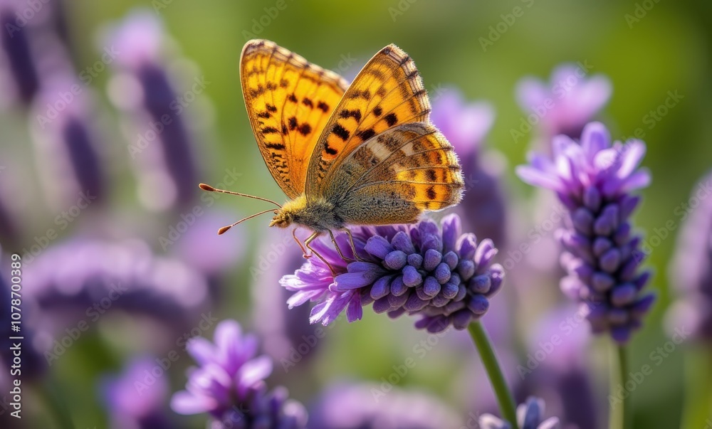 Orange butterfly perched on purple flowers Orange butterfly perched on purple flowers