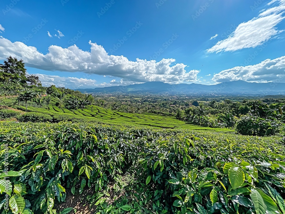 Panoramic View of Lush Coffee Plantation with Mountain Range Panoramic View of Lush Coffee Plantation with Mountain Range