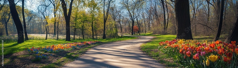 A serene pathway through a park adorned with vibrant flowers and lush greenery. A serene pathway through a park adorned with vibrant flowers and lush greenery.