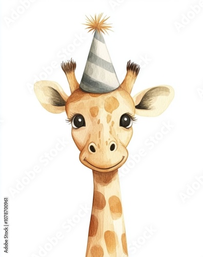 ute, simple watercolor clipart on a white background. A cute giraffe wearing a party hat, in a cartoon style 