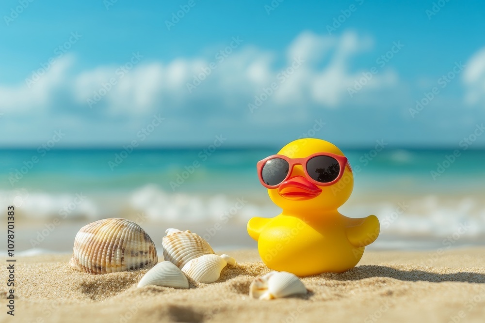 Obraz premium A yellow rubber ducky sitting on a sandy beach wearing tiny sunglasses, with a small beach ball and seashells nearby, celebrating National Rubber Ducky Day in a tropical setting. Warm, sunny lighting.