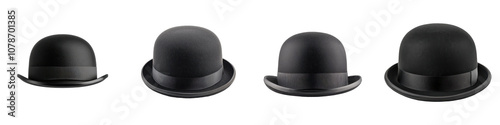 Set of Four Identical Black Bowler Hats Neatly Arranged in a Straight Line Against a Bright White Background Representing Formal Headwear and Classic Gentlemen s Style photo