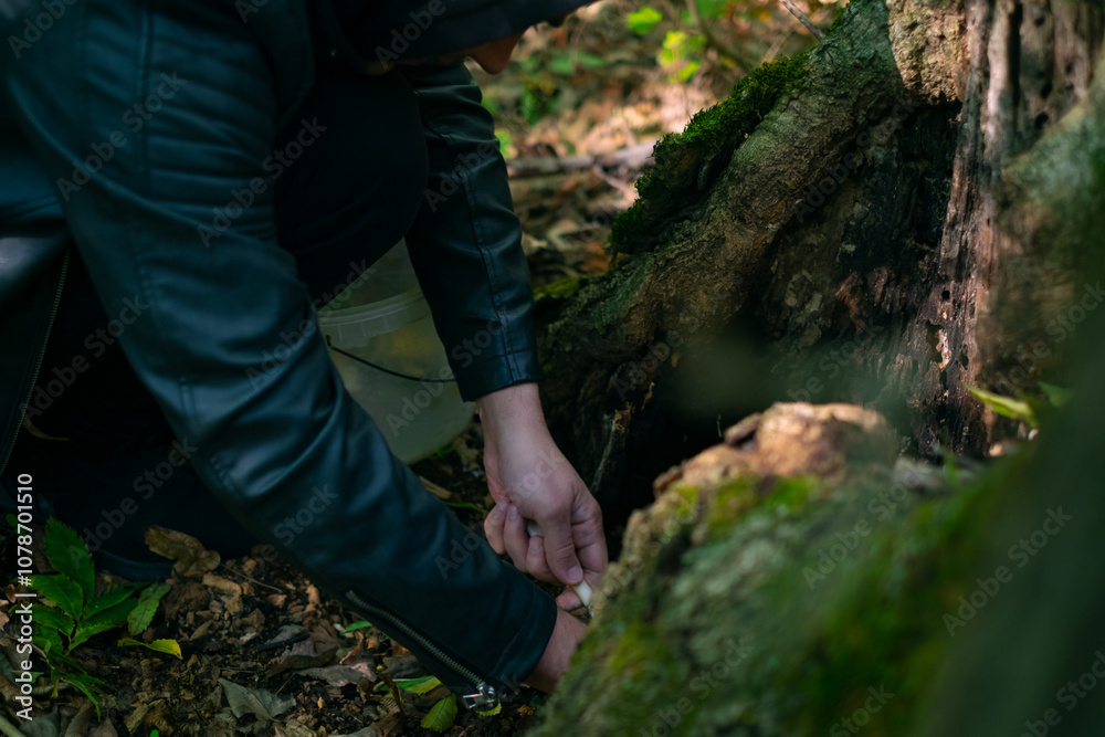 Man found mushrooms in the forest, cutting them with a knife to place in a basket; mushroom foraging as a hobby and city escape. Man found mushrooms in the forest, cutting them with a knife to place in a basket; mushroom foraging as a hobby and city escape.