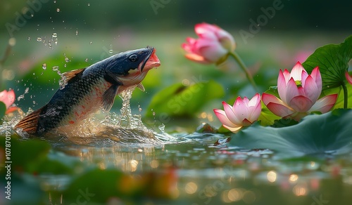 AI generator image of a captivating image depicting the moment when a Snakehead fish Stick head out of the water.A large lake in Province,fish snapping bite slowly at delicate lotus petals in summer photo