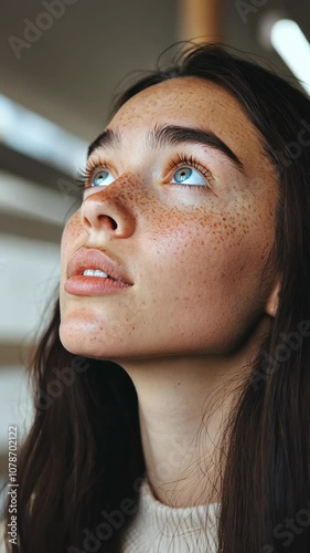 A woman with freckles and blue eyes looks up at the sky
