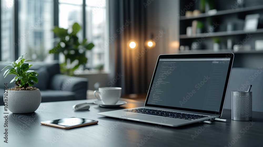 Laptop and smartphone on a home office desk with notes and headphones creating a remote work-ready setup Teleworking concept with side empty space for text Stockphoto style Laptop and smartphone on a home office desk with notes and headphones creating a remote work-ready setup Teleworking concept with side empty space for text Stockphoto style