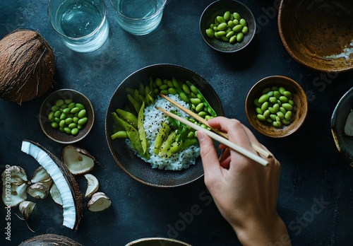 Edamame and Rice Bowl with Fresh Vegetables photo