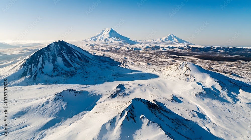 Majestic snow-covered mountain peaks under a clear blue sky. Majestic snow-covered mountain peaks under a clear blue sky.
