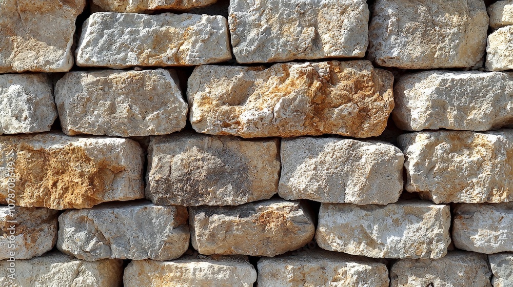 A textured wall made of stacked natural stones. A textured wall made of stacked natural stones.