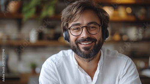 Smiling customer service representative in an office with a headset, warmly engaging in conversation, set in a professional workspace with side empty space for text Stockphoto style