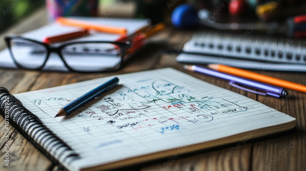 A close-up of a notebook with a pen, pencils, and glasses on a wooden table. A close-up of a notebook with a pen, pencils, and glasses on a wooden table.