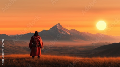 The respected Lakota spiritual leader, stands majestically before the towering rocky mountains.