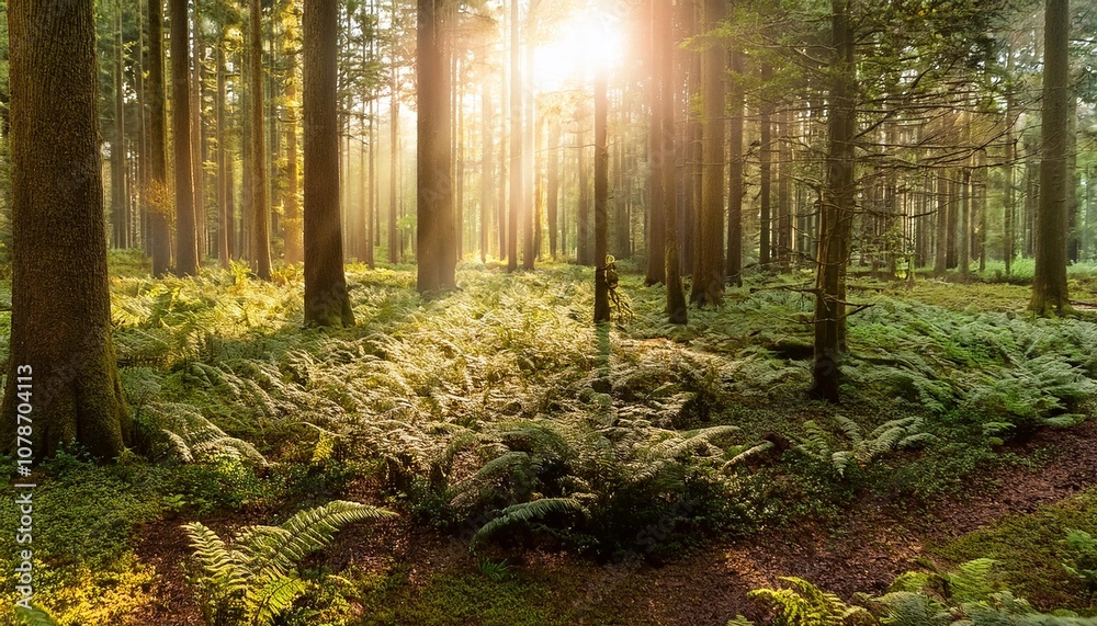 Fototapeta premium Golden Sunshine Filtering Through Dense Forest Trees, Illuminating the Fern-Covered Forest Floor, With Birds Chirping and Leaves Rustling in the Gentle Breeze