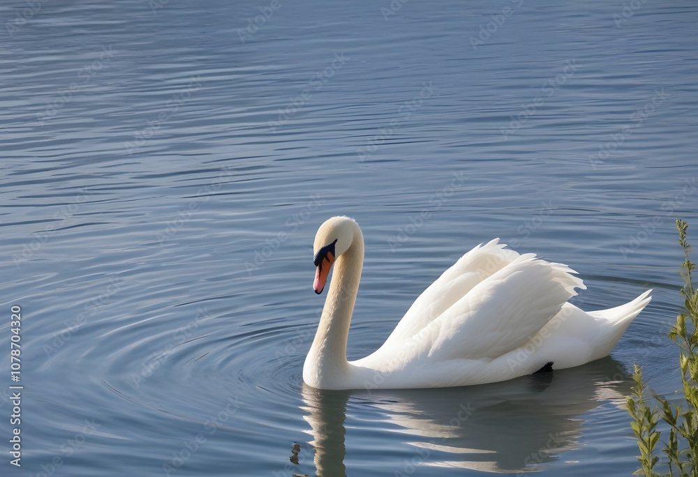 A swan swimming on a calm blue lake with rippling water A swan swimming on a calm blue lake with rippling water