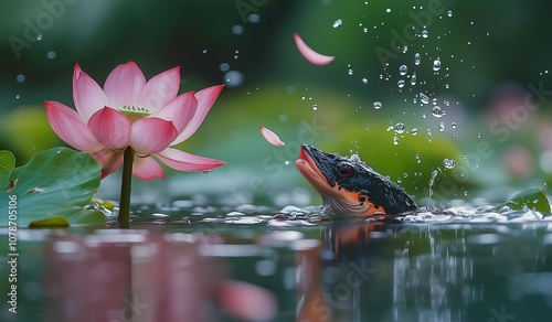 AI generator image of a captivating image depicting the moment when a Snakehead fish Stick head out of the water.A large lake in Province,fish snapping bite slowly at delicate lotus petals in summer photo