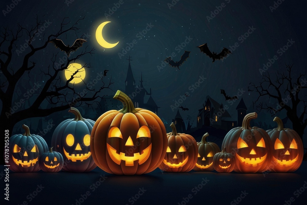 Halloween pumpkin on abandoned old road and medieval castle on the background