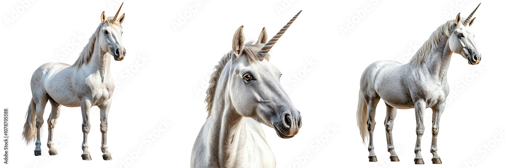 Fototapeta premium Unicorn with a radiant aura around its horn standing serenely isolated on white and transparent background