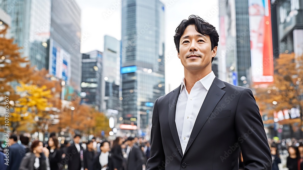 Confident businessman stands amidst busy city streets embracing urban energy and opportunities Confident businessman stands amidst busy city streets embracing urban energy and opportunities