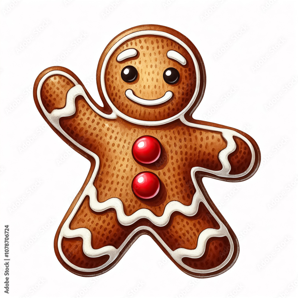 A gingerbread man waving, with icing eyes and red gumdrop buttons.