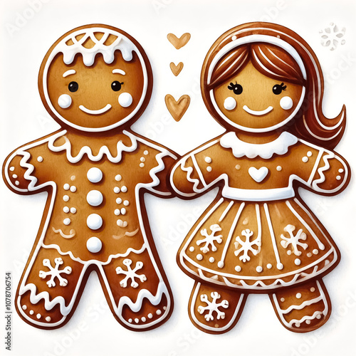 A gingerbread man holding hands with a gingerbread woman, both decorated with matching icing.