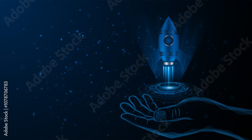Abstract hand is launching a rocket. concept for starting a startup business. The growth or success of the company. Digital technology development project
